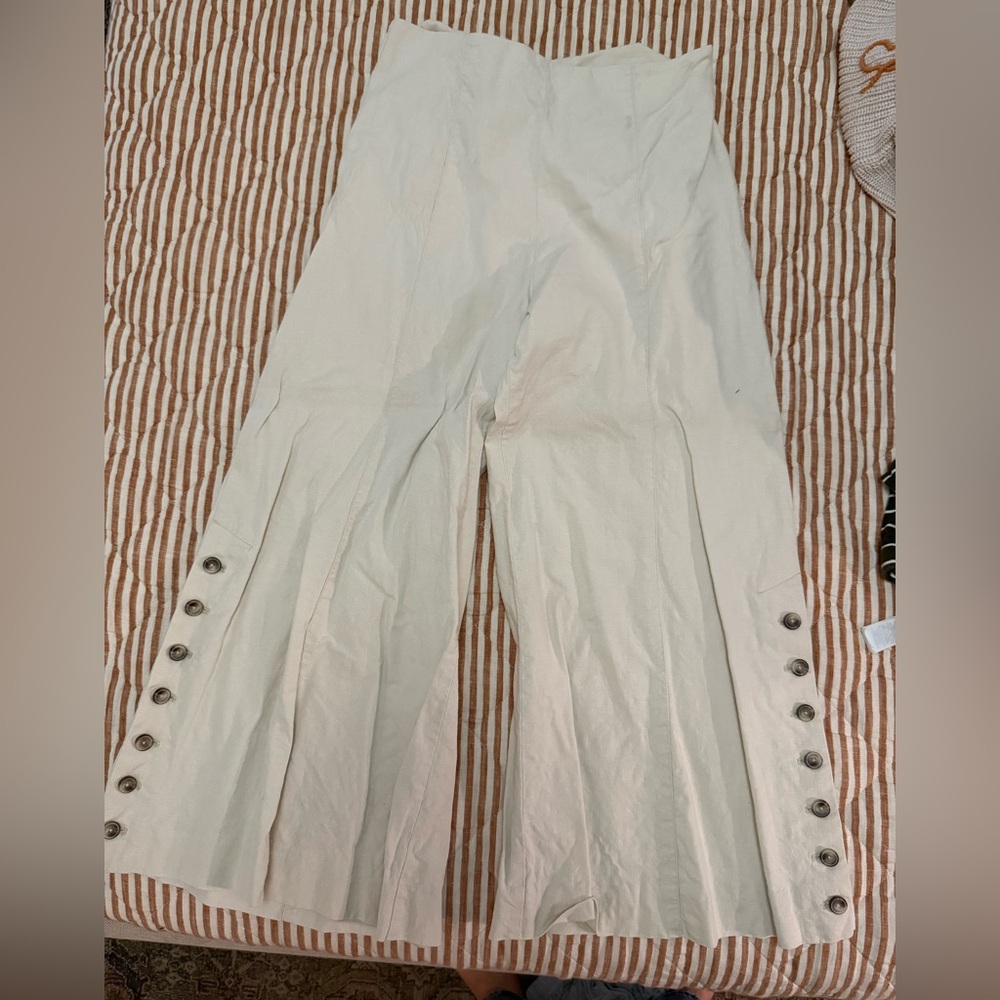 Anthropologie Cream Wide-Leg Pants with Button Detail